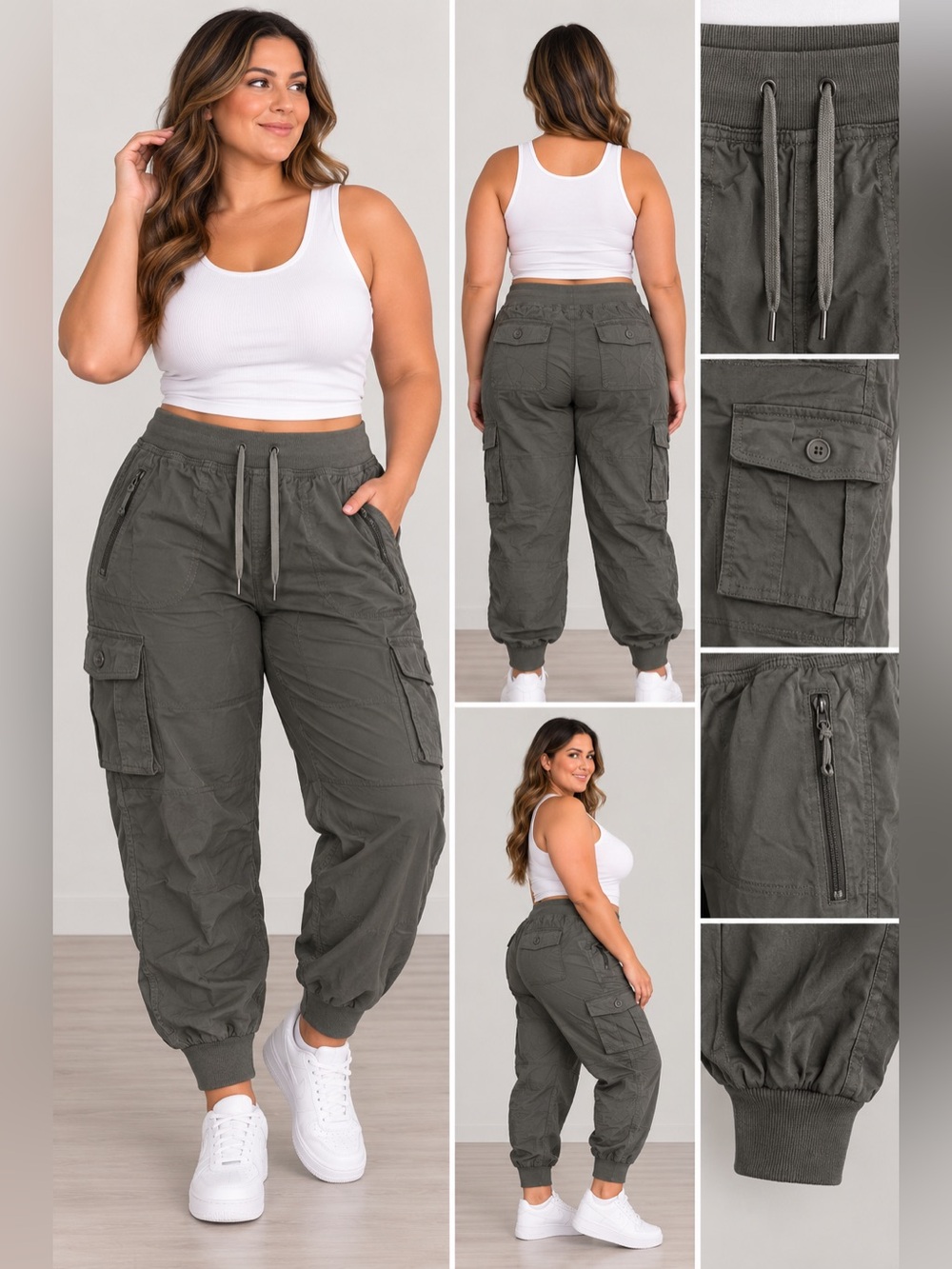 Large Size Cargo Jogger Pants in Olive Green